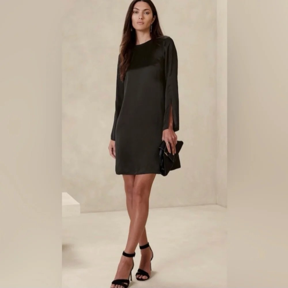 Banana Republic Black Abril Silk Mini Dress Slit Sleeves Womens Size XXS NEW - Picture 1 of 11